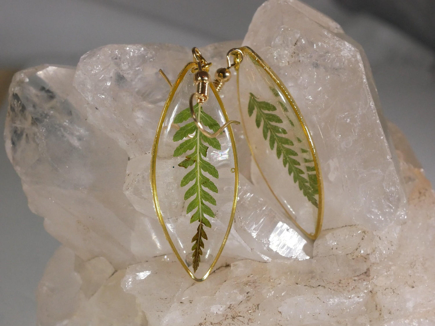 Pressed Leaf Earrings: Fern Design in Clear Resin (Gold Plated)