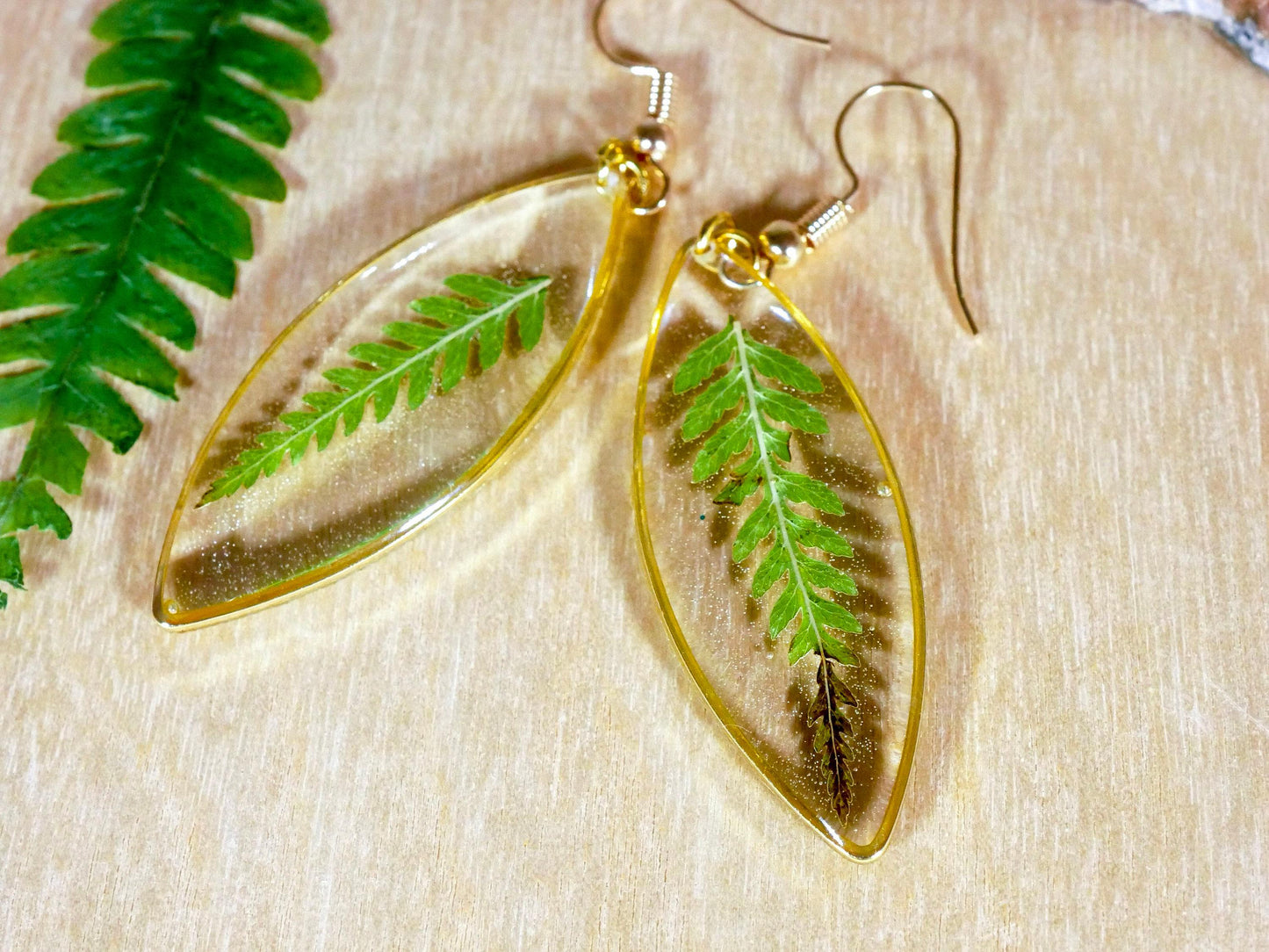 Pressed Leaf Earrings: Fern Design in Clear Resin (Gold Plated)