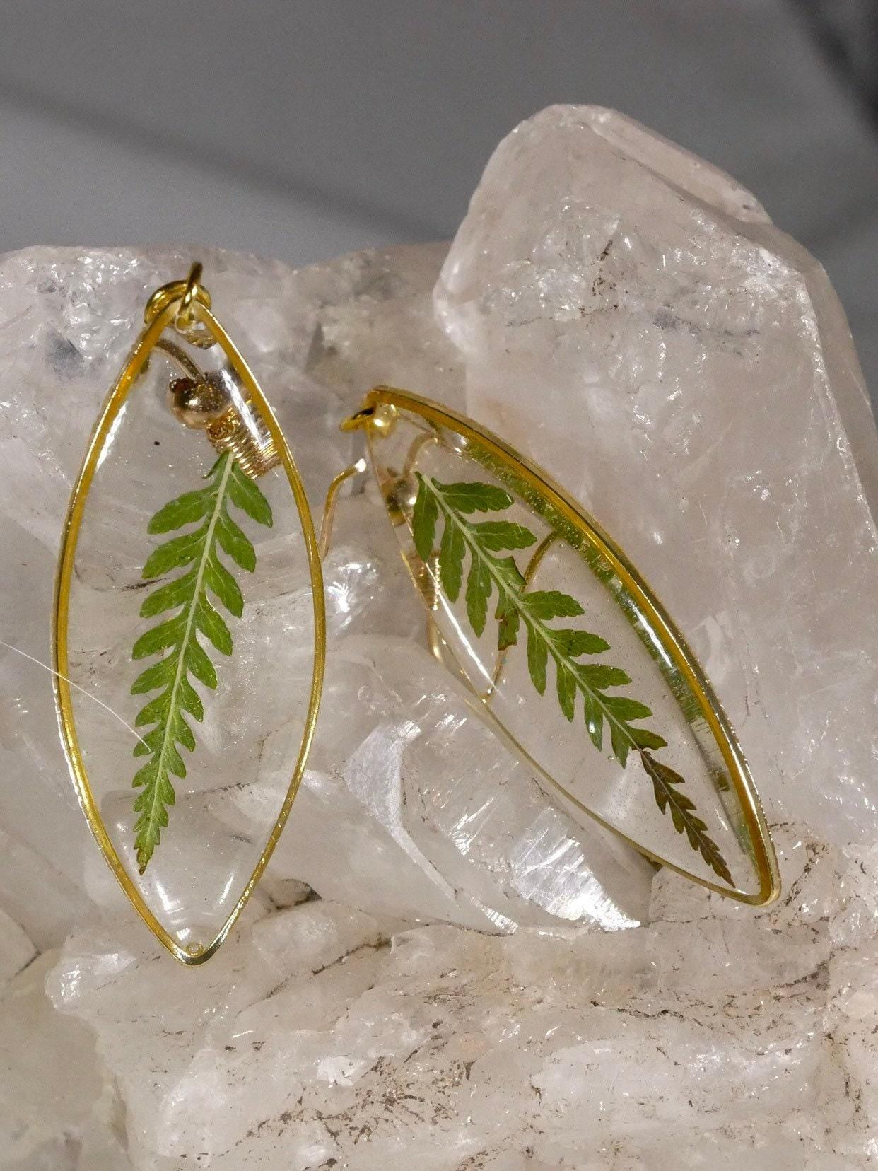 Pressed Leaf Earrings: Fern Design in Clear Resin (Gold Plated)