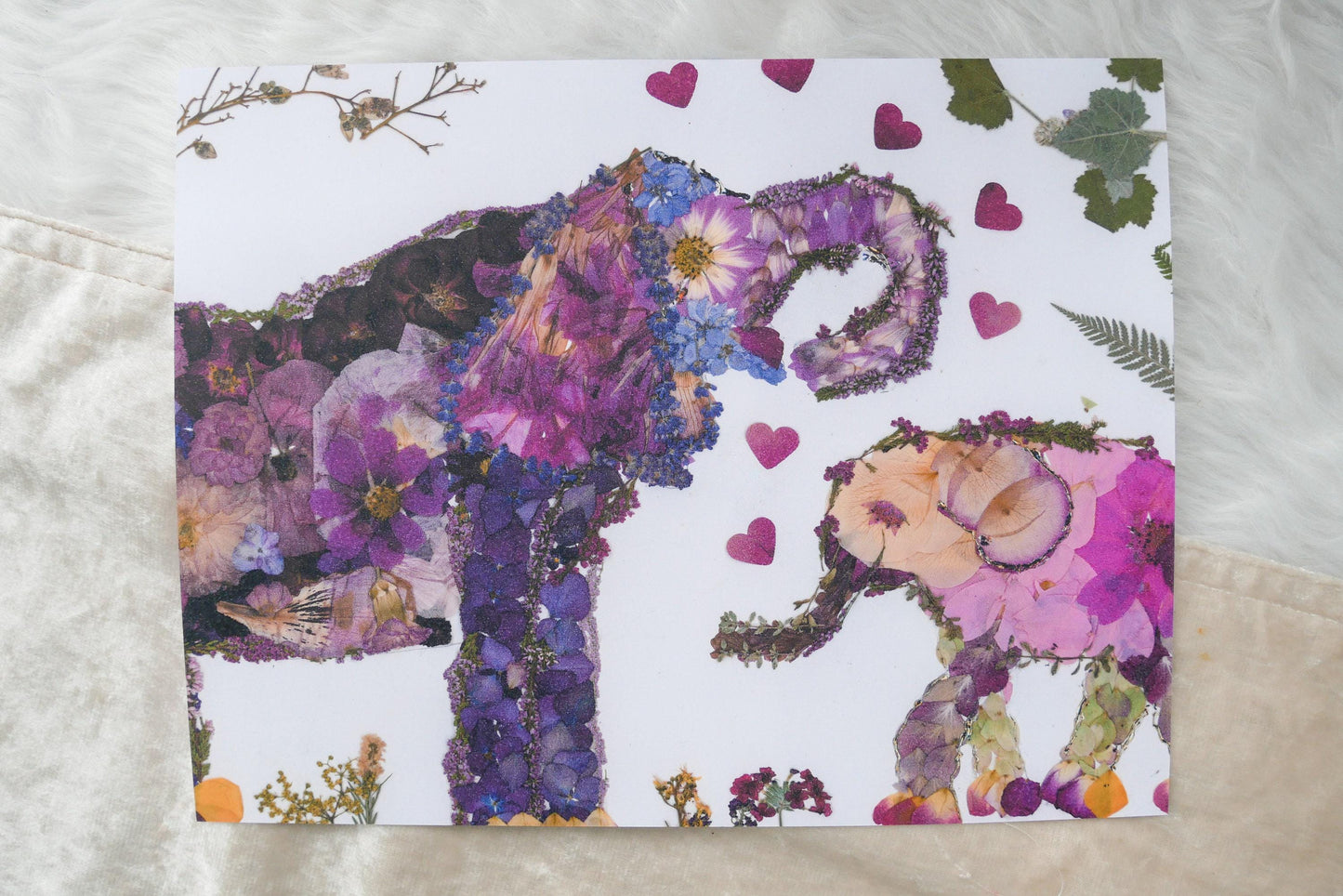 Pressed Flower Elephant Art Print: Mom and Baby, Nursery Decor