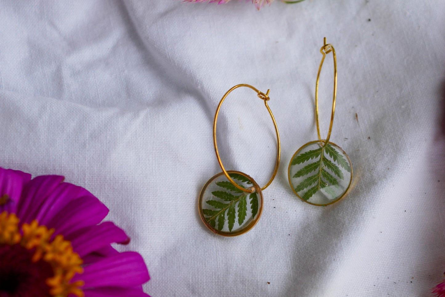 Fern Hoop Earrings: Botanical Resin Charm - Lightweight Everyday Wear