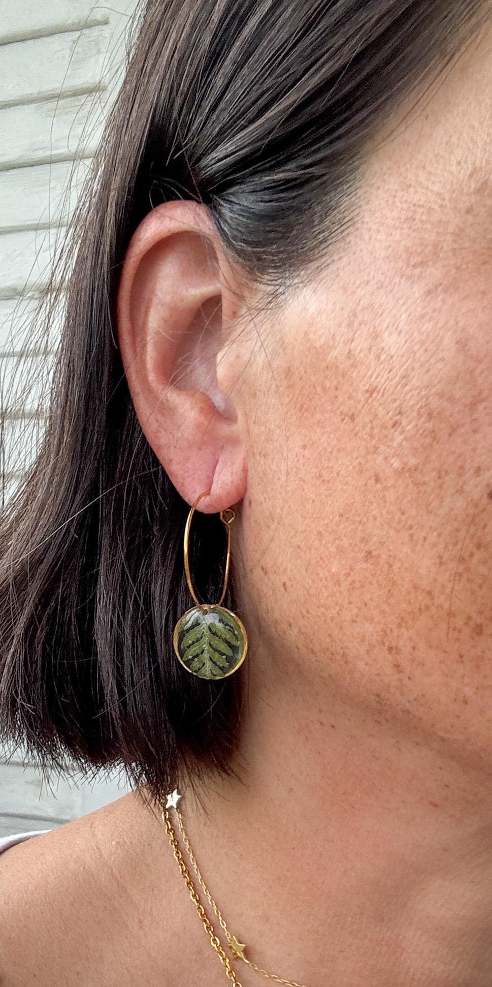 Fern Hoop Earrings: Botanical Resin Charm - Lightweight Everyday Wear