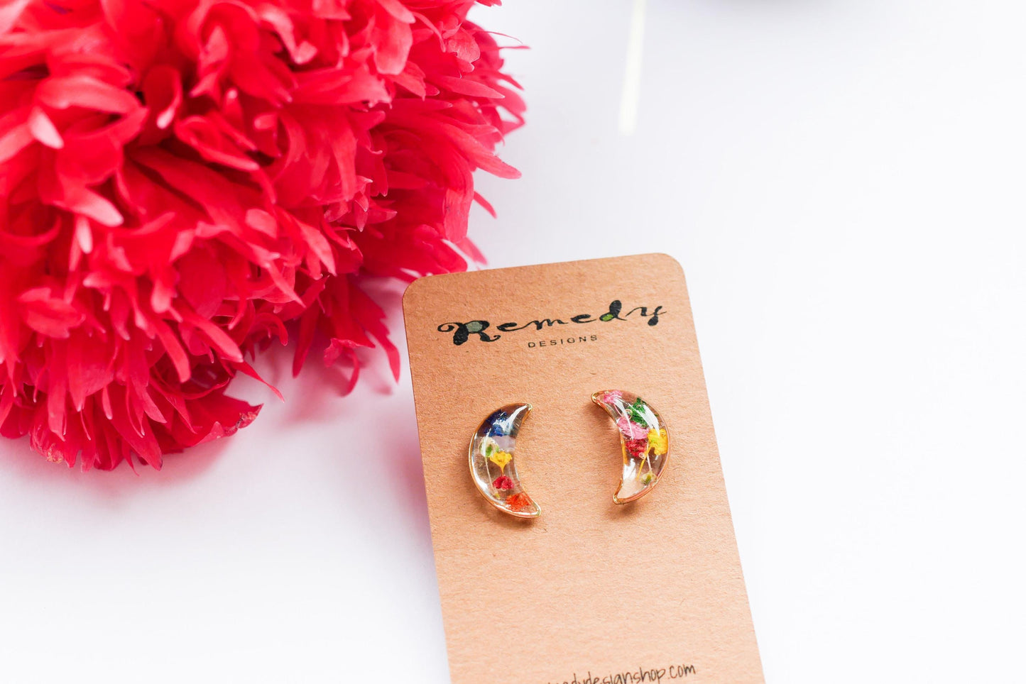 Resin Moon Stud Earrings - Flower Confetti in Gold or Silver Frame