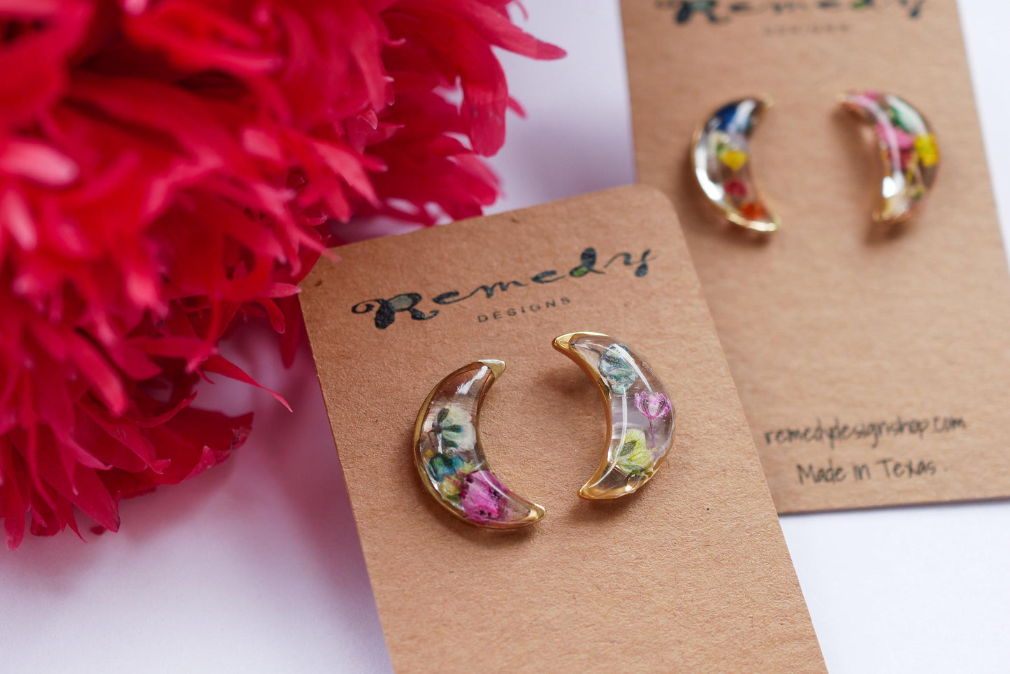 Resin Moon Stud Earrings - Flower Confetti in Gold or Silver Frame