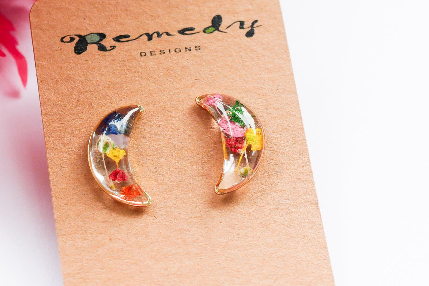 Resin Moon Stud Earrings - Flower Confetti in Gold or Silver Frame