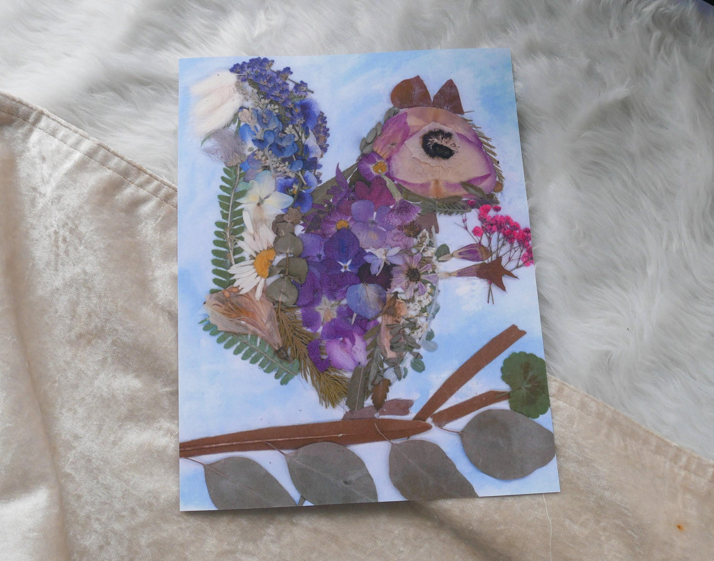 Squirrel Wall Art Print: Pressed Flowers - Nature Inspired Collage