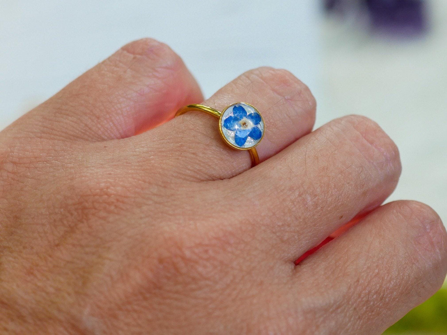 Forget me not ring made with real flowers. stainless steel non -tarnish memorial jewelry