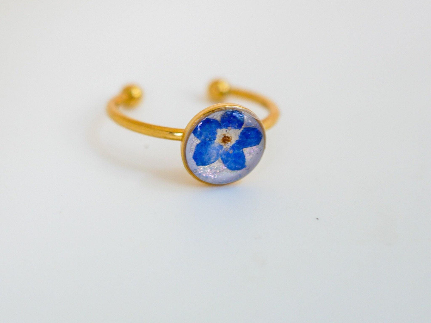 Forget me not ring made with real flowers. stainless steel non -tarnish memorial jewelry