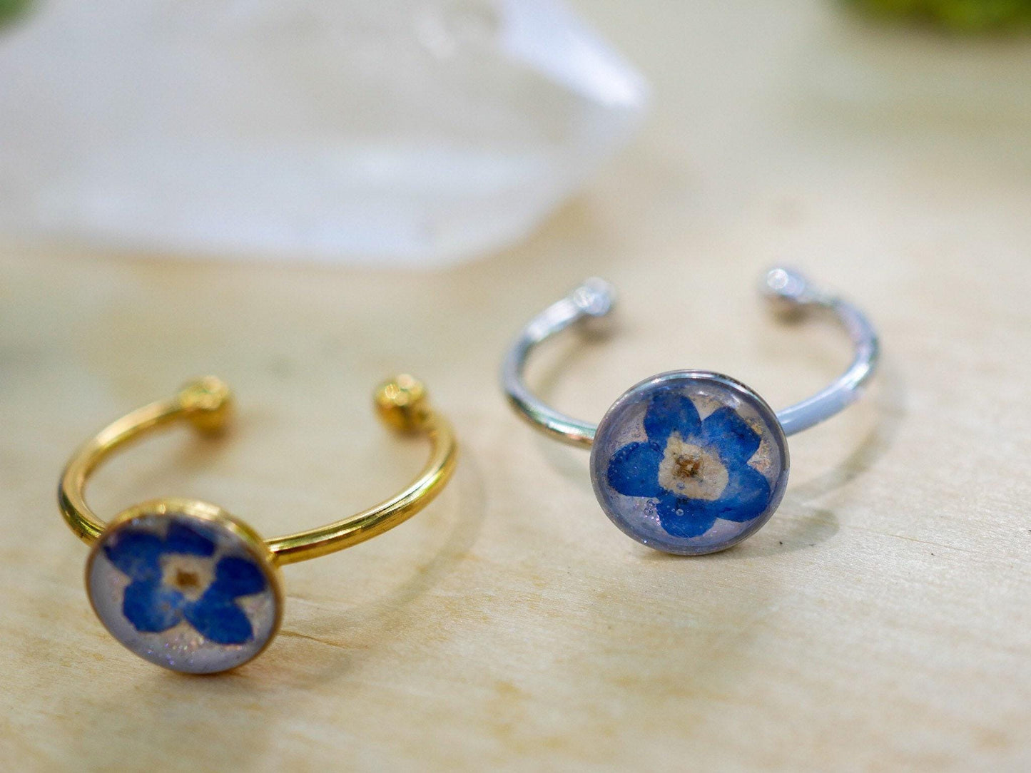 Forget me not ring made with real flowers. stainless steel non -tarnish memorial jewelry