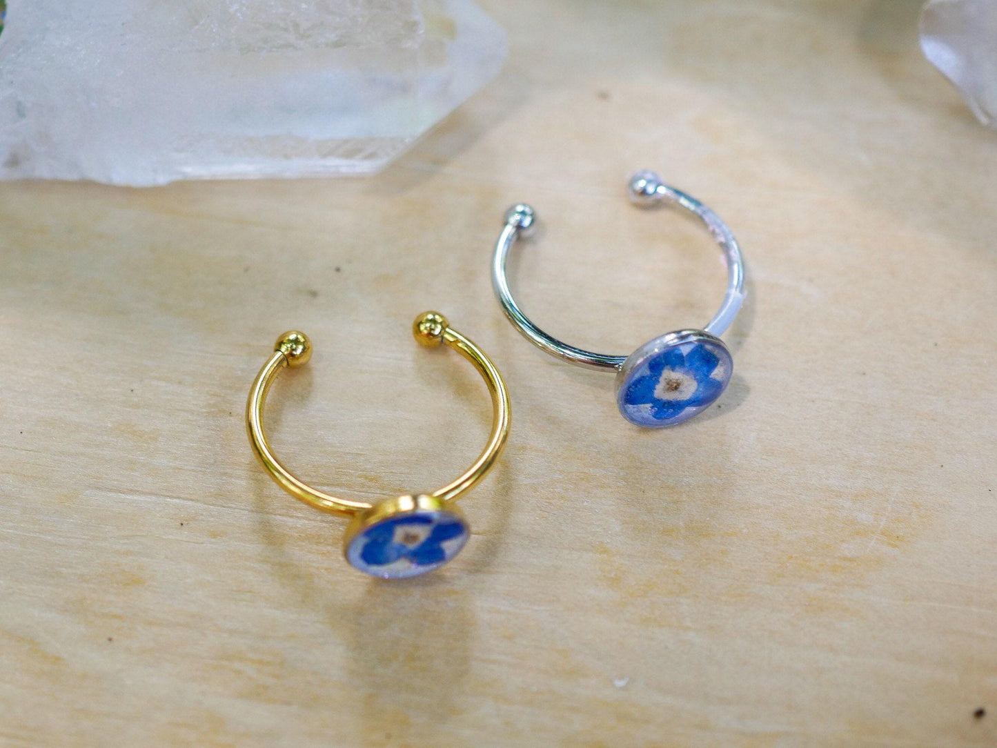 Forget me not ring made with real flowers. stainless steel non -tarnish memorial jewelry