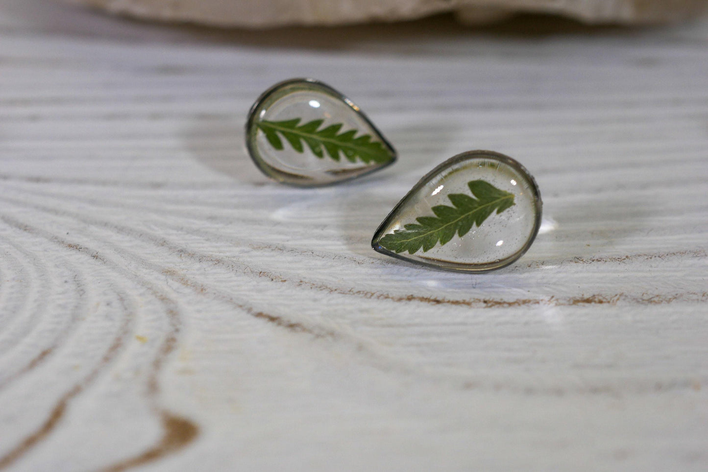 Pressed Fern Earrings - Dainty Teardrop Resin Studs