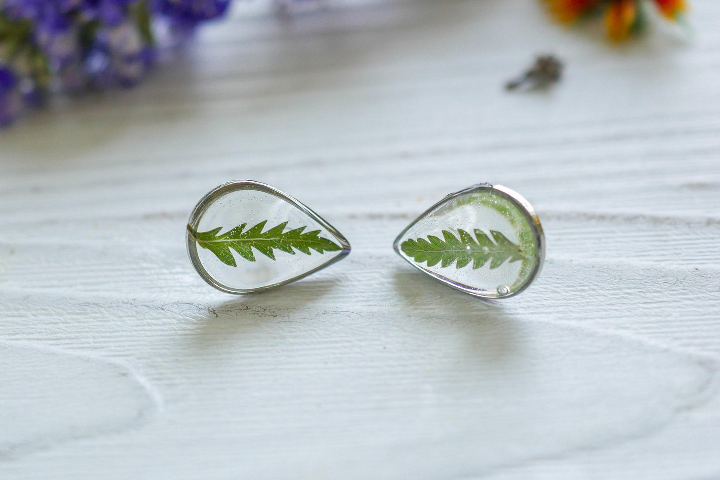 Pressed Fern Earrings - Dainty Teardrop Resin Studs
