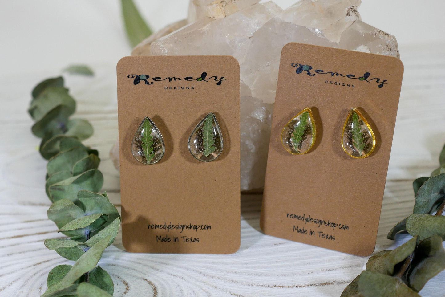 Pressed Fern Earrings - Dainty Teardrop Resin Studs