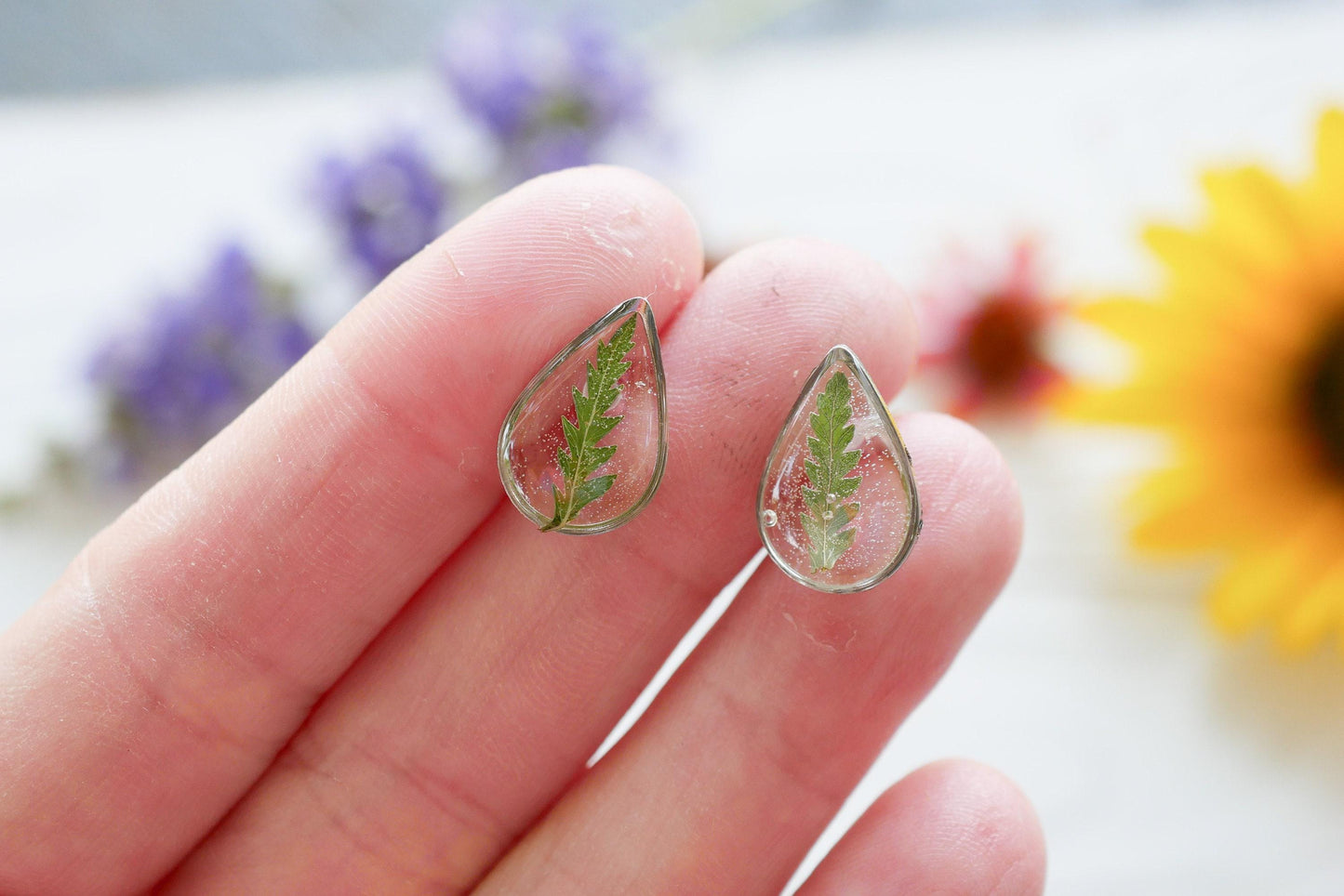 Pressed Fern Earrings - Dainty Teardrop Resin Studs