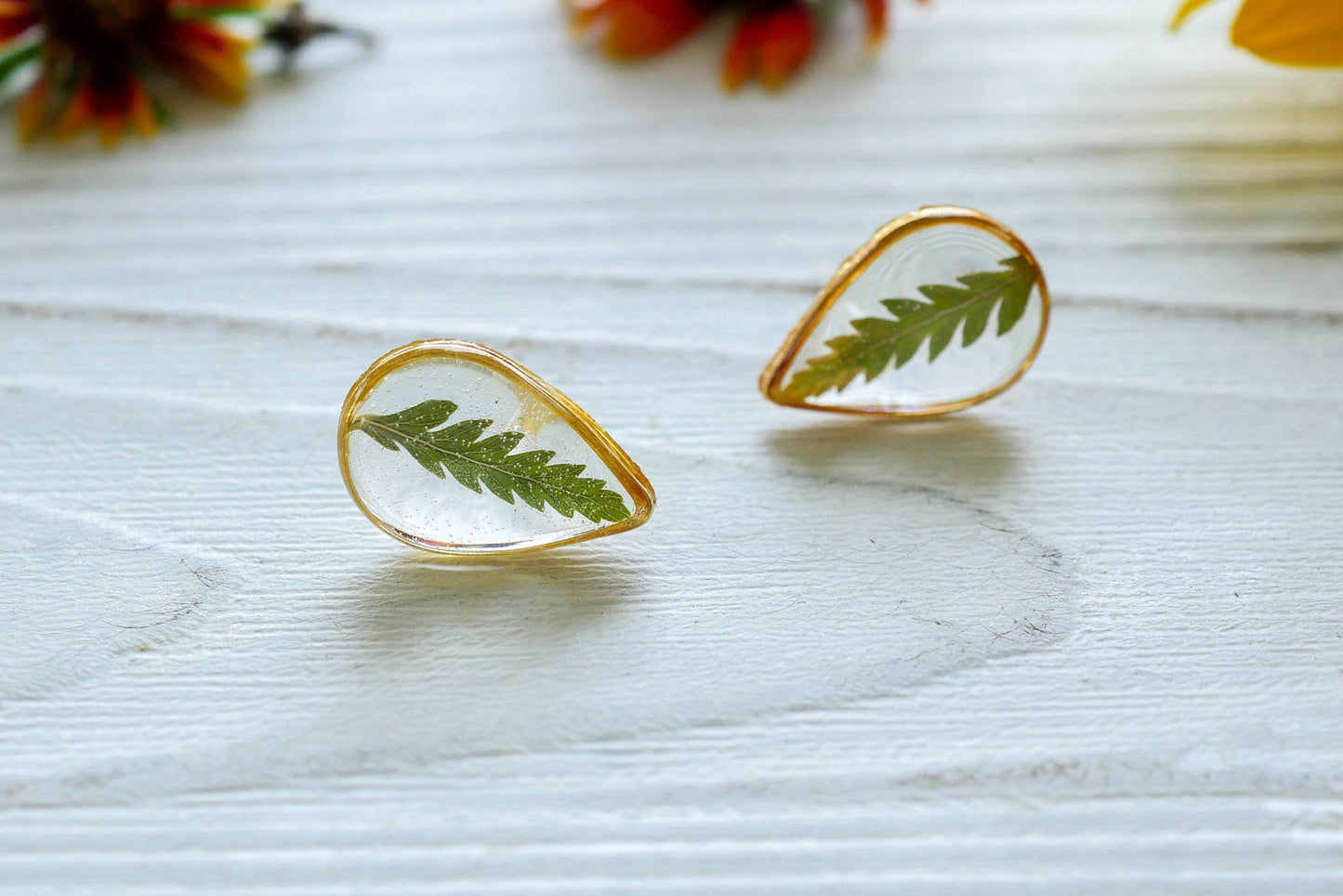 Pressed Fern Earrings - Dainty Teardrop Resin Studs