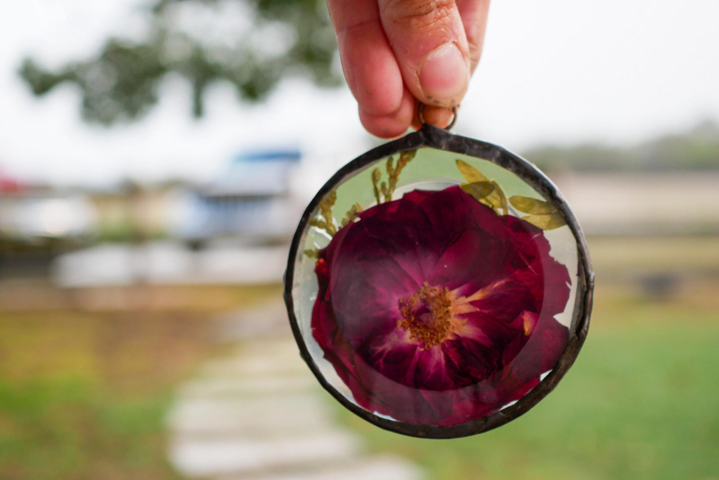 Glass Rose Ornament: Pressed Red Flower - Handcrafted Garden Decor
