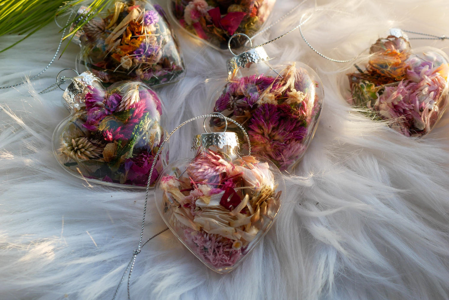 Dried Flower Heart Ornaments - Rustic Glass with Farm-Grown Blooms