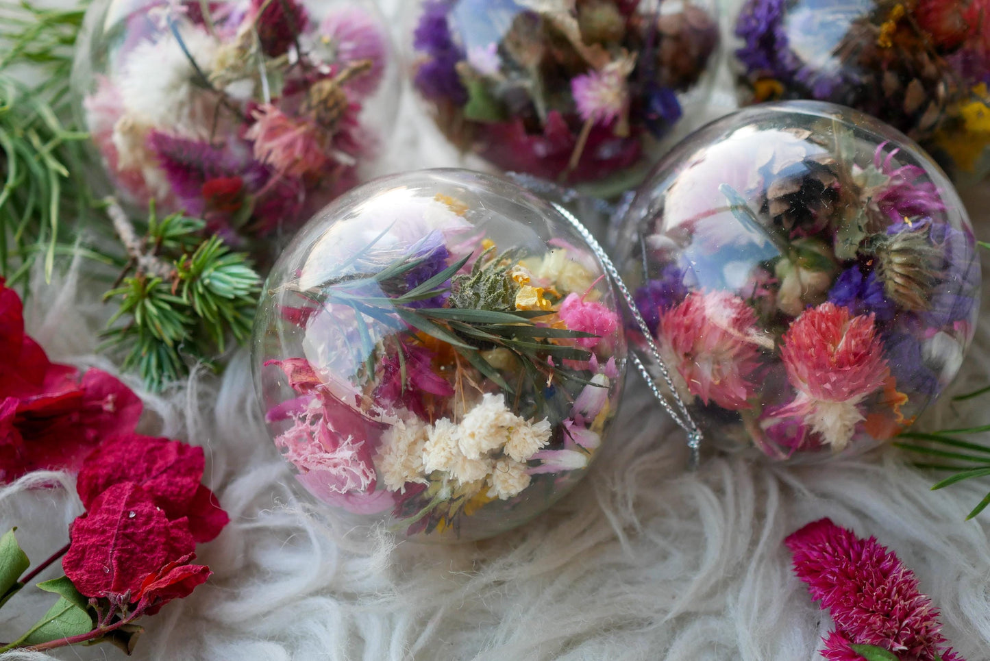 Dried Flower Glass Baubles - Rustic Botanical Holiday Decor