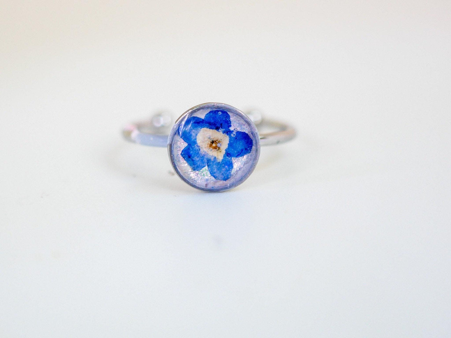 Forget me not ring made with real flowers. stainless steel non -tarnish memorial jewelry