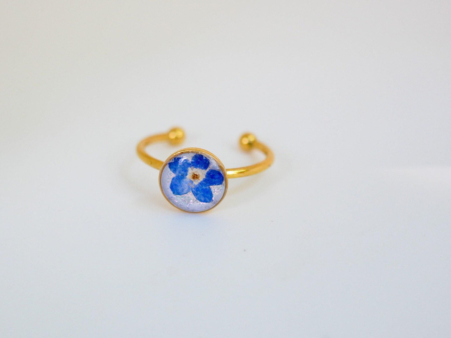 Forget me not ring made with real flowers. stainless steel non -tarnish memorial jewelry