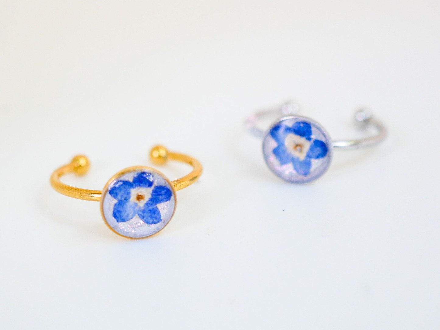 Forget me not ring made with real flowers. stainless steel non -tarnish memorial jewelry