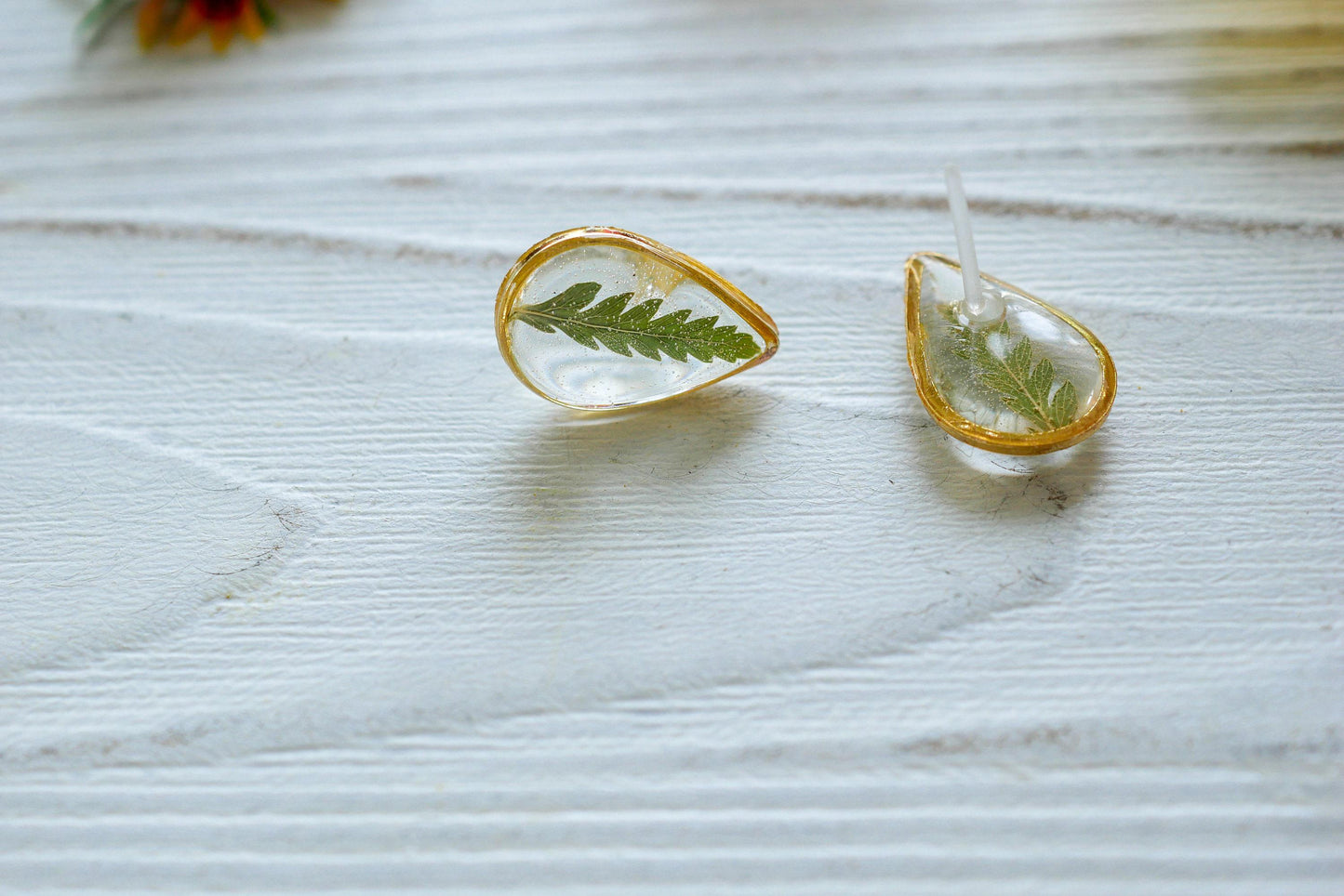 Pressed Fern Earrings - Dainty Teardrop Resin Studs