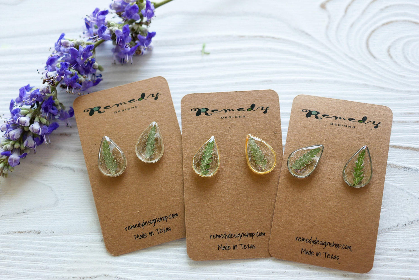 Pressed Fern Earrings - Dainty Teardrop Resin Studs