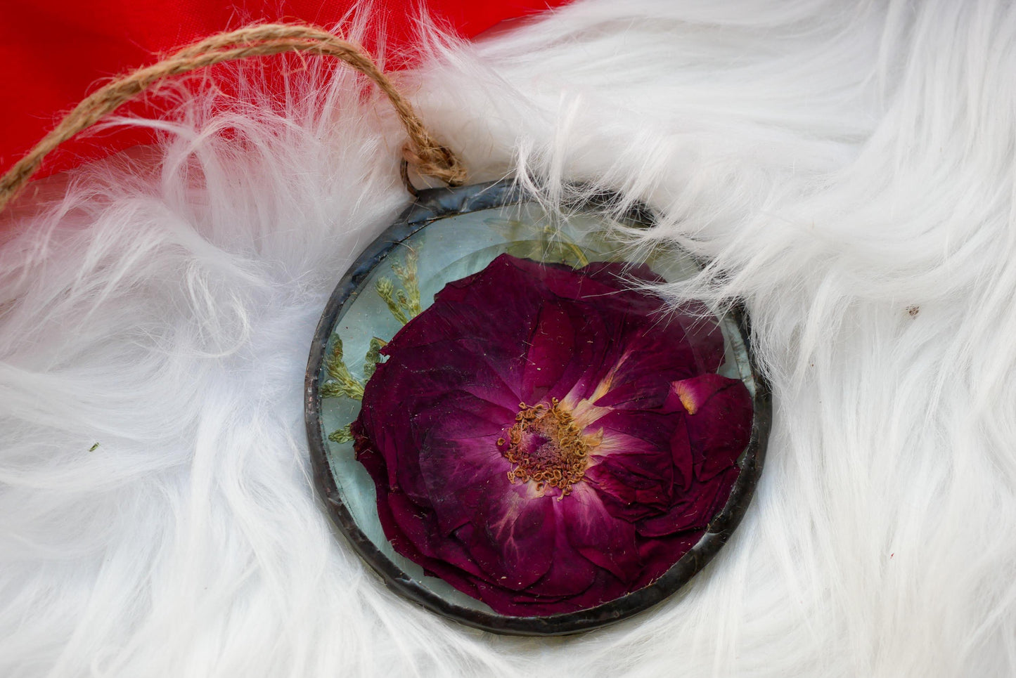 Glass Rose Ornament: Pressed Red Flower - Handcrafted Garden Decor