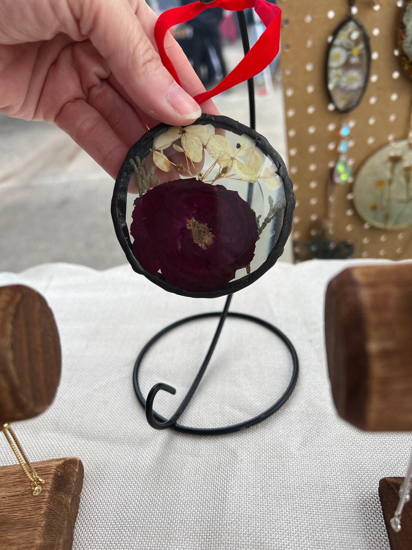 Glass Rose Ornament: Pressed Red Flower - Handcrafted Garden Decor
