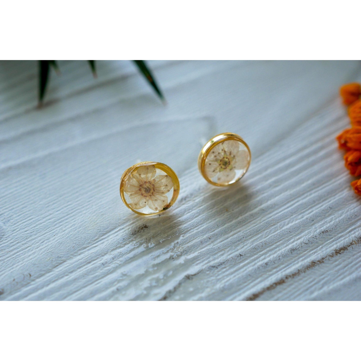 Flower Stud Earrings: Tiny White Resin - Handmade Minimal Style