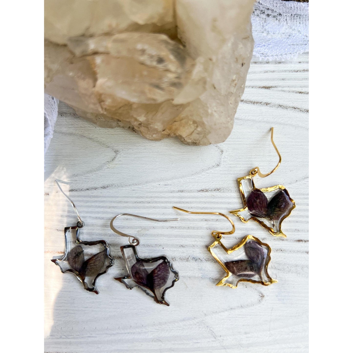 Texas shaped bluebonnet petal dangle earrings