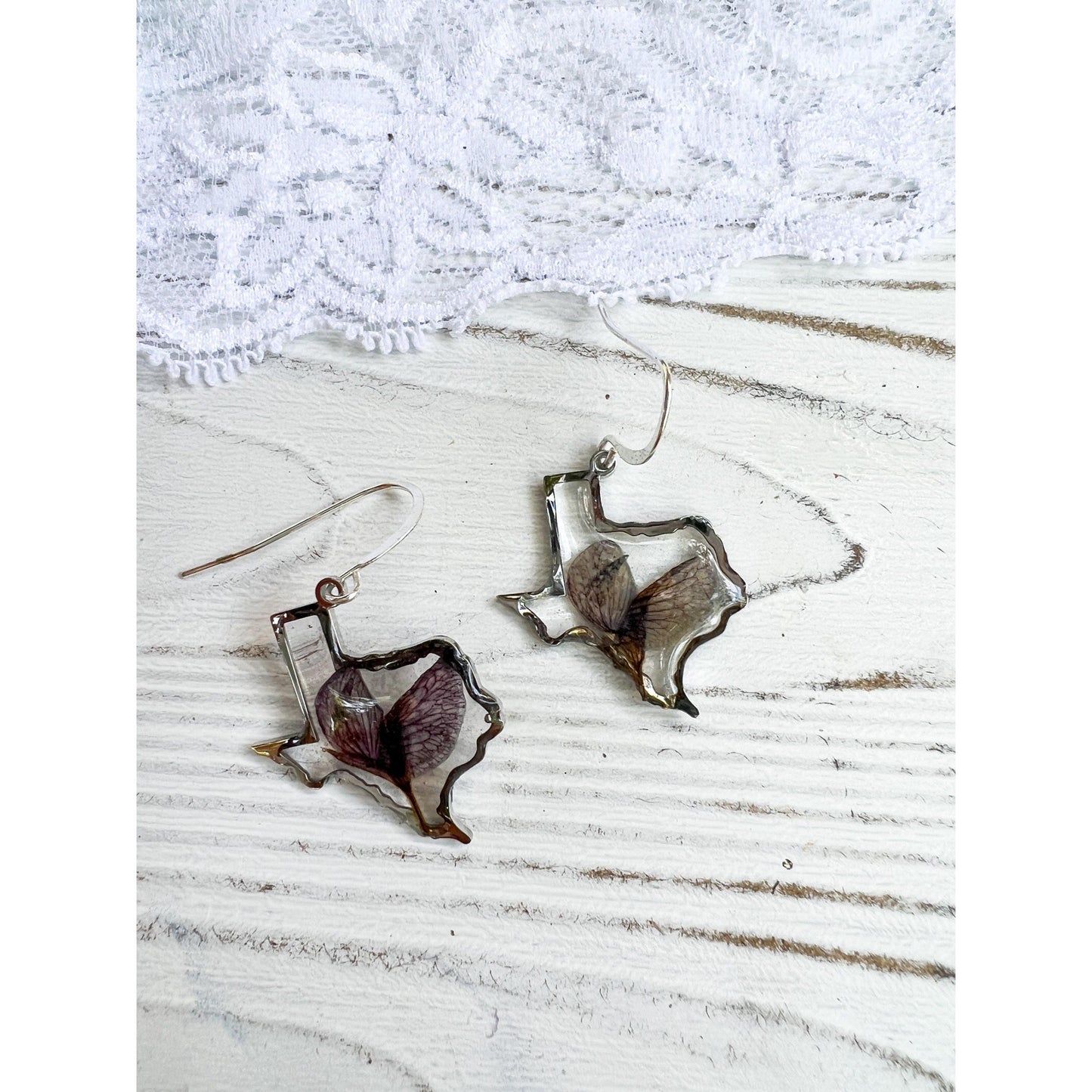 Texas shaped bluebonnet petal dangle earrings