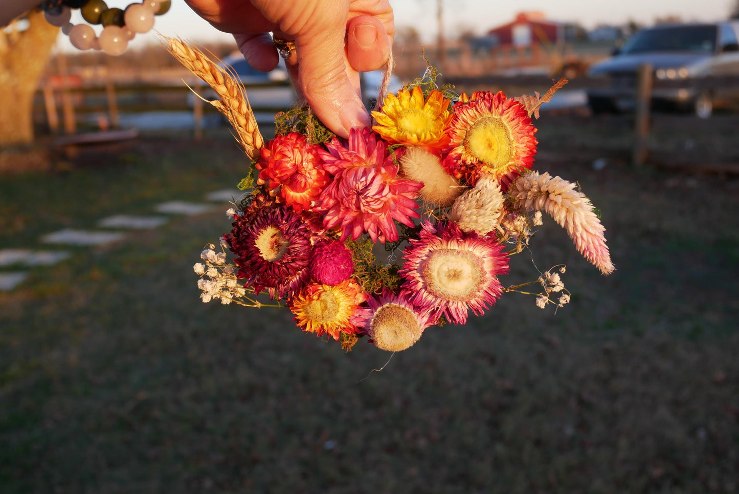 A hand holds a vibrant bouquet of dried flowers, including red, yellow, and white blooms, against a backdrop of a grassy field and a car.
