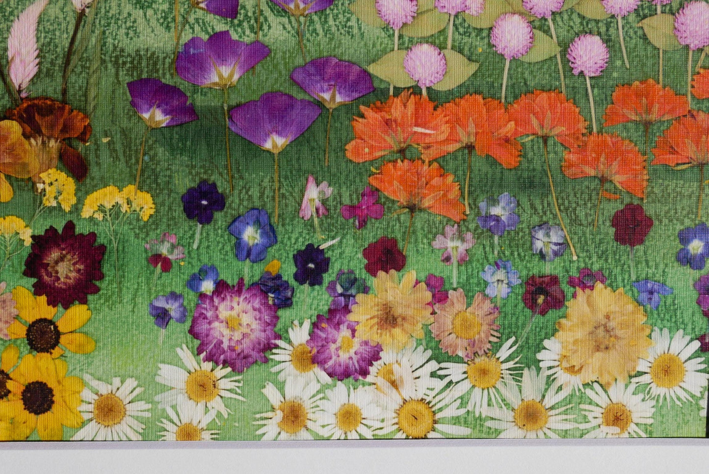 The image is a vibrant collage of various colorful flowers, including daisies, sunflowers, and other blooms, set against a lush green background.