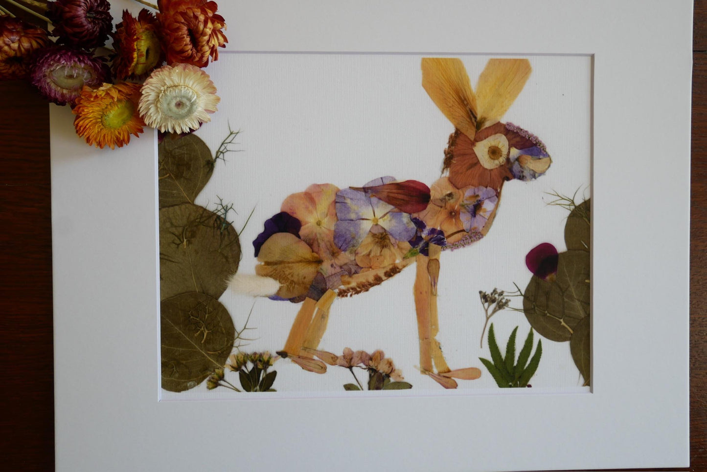 The image is a collage of various flowers and plants, including a cactus and a rabbit, arranged in a frame.