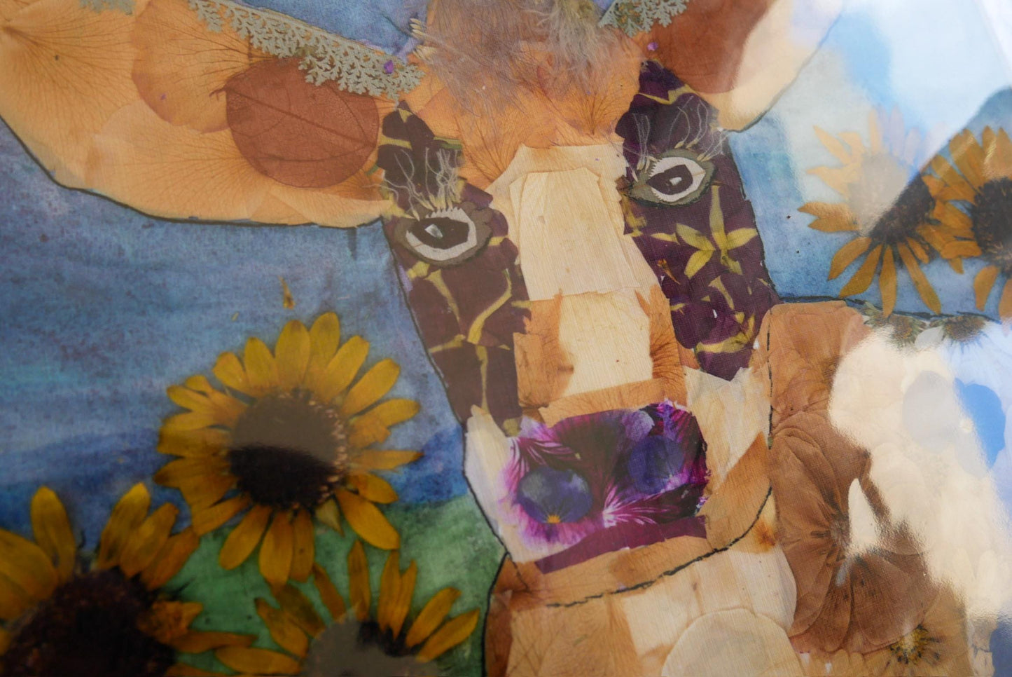 The image is a collage featuring a cow's face surrounded by various flowers and leaves, including sunflowers and other colorful blooms.