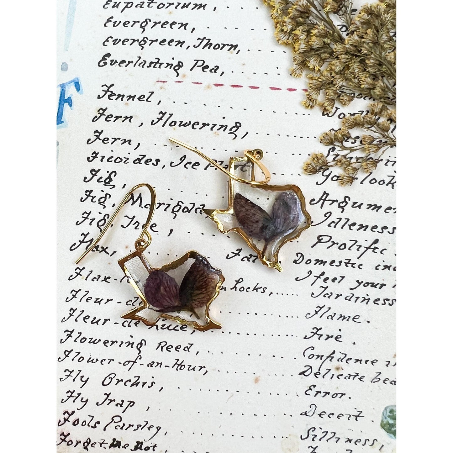 Texas shaped bluebonnet petal dangle earrings