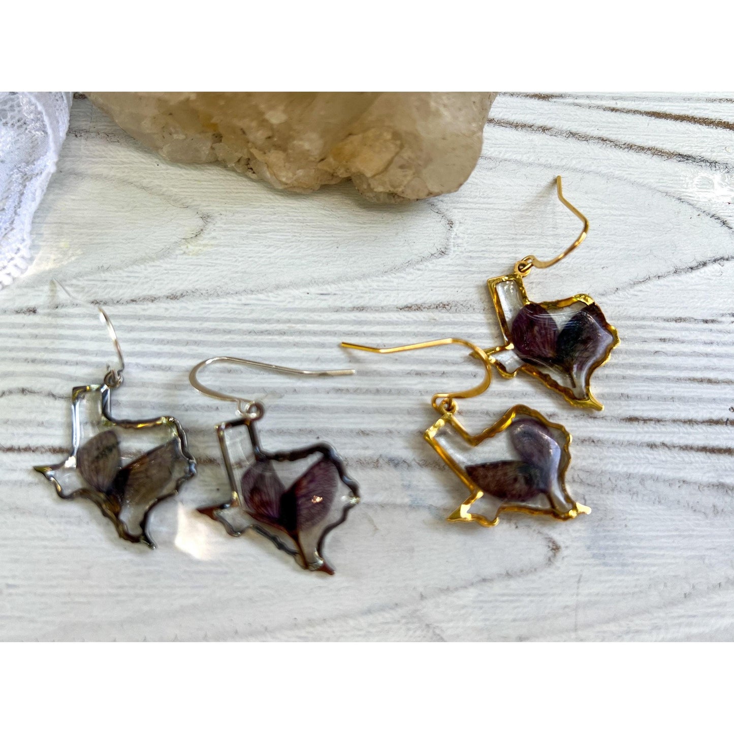 Texas shaped bluebonnet petal dangle earrings