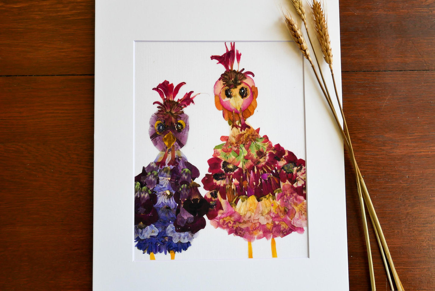 two colorful, flower-like creatures with vibrant feathers and intricate patterns, set against a white background.