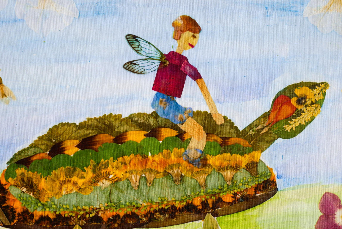 A whimsical collage depicting a person riding on a turtle-shaped boat, surrounded by a vibrant array of flowers and leaves.