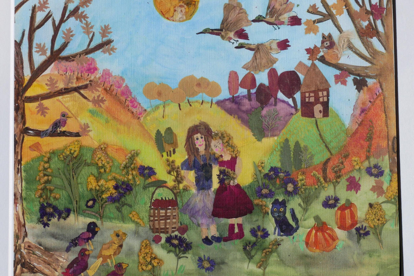 The image is a vibrant and colorful painting depicting a lively autumn scene with two girls, birds, flowers, and pumpkins.