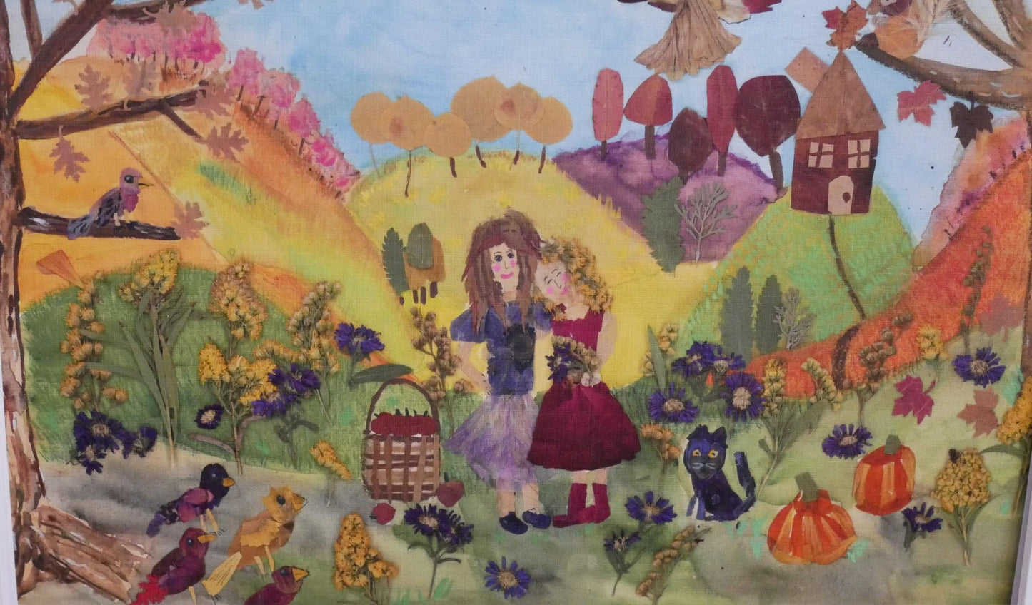A vibrant and whimsical painting depicting a lively autumn scene with a girl, a cat, and various animals in a lush, colorful landscape.