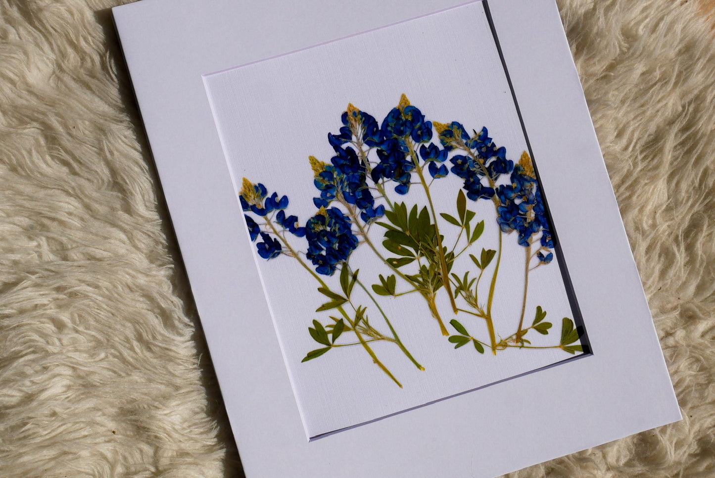 A framed image of blue flowers is placed on a white surface.
