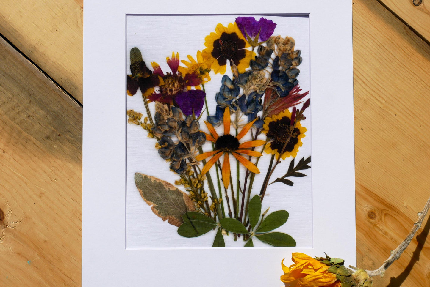 A framed arrangement of dried flowers and leaves, with a variety of colors including yellow, orange, purple, and green.