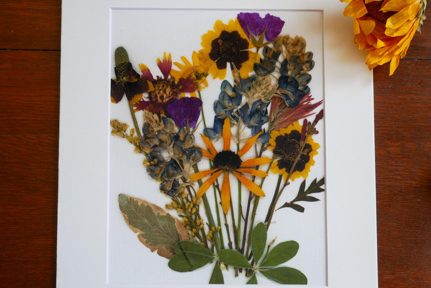 A framed arrangement of dried flowers and leaves, including sunflowers, daisies, and other colorful blooms, set against a white background.