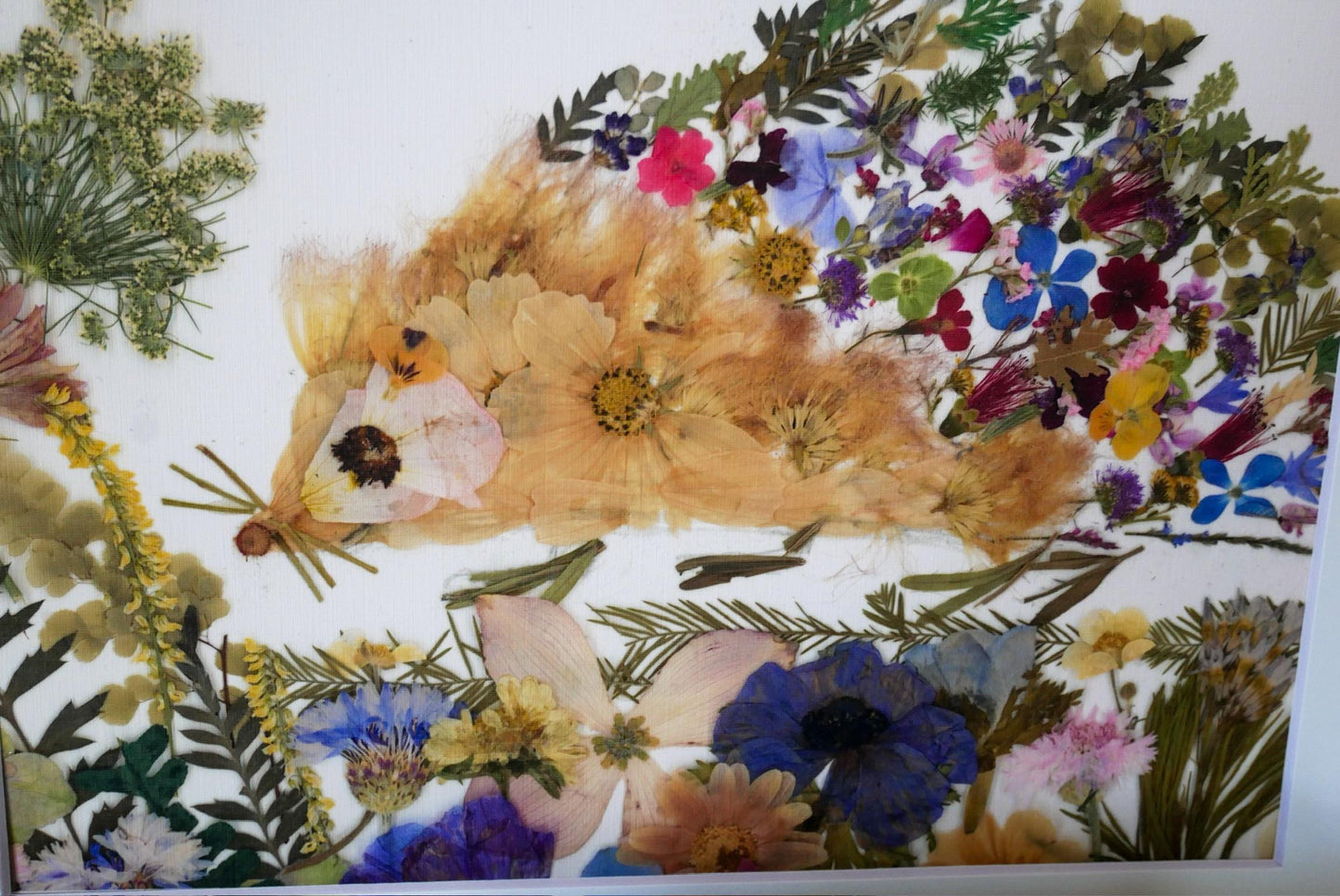 The image is a collage of various colorful flowers and leaves, including yellow, pink, blue, and green flowers, as well as green leaves, creating a vibrant and visually appealing composition.