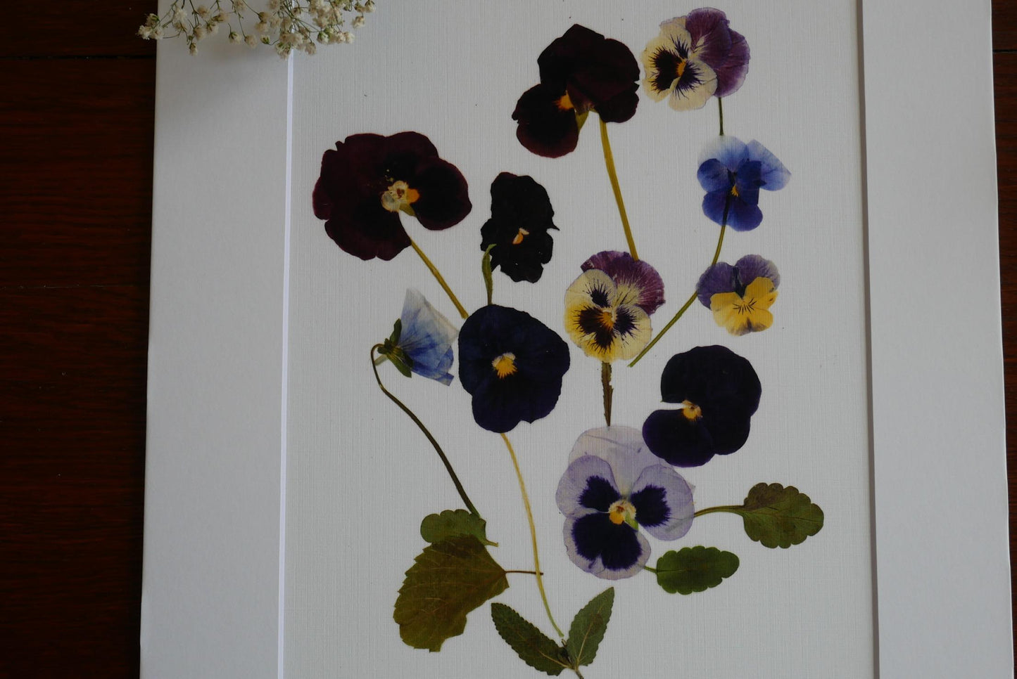 a close-up view of a collection of dried flowers, including pansies and other colorful blooms, arranged in a visually appealing manner.