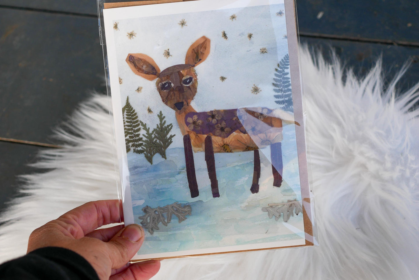 Floral Collage Deer Card - Real Pressed Flower Art