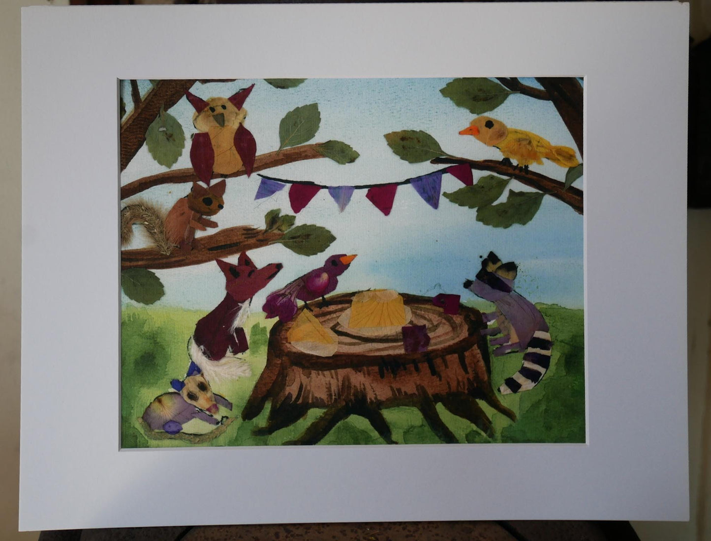 The image is a vibrant painting depicting a lively scene of various animals gathered around a tree stump, with a bird perched on a branch.