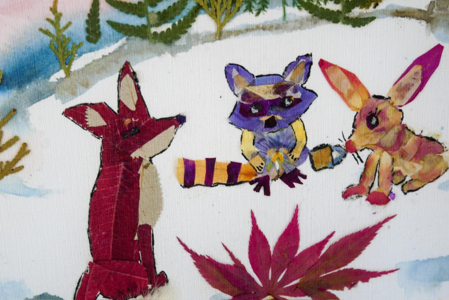 The image is a collage featuring three colorful animal characters, including a fox, a raccoon, and a rabbit, set against a snowy landscape with trees and a flower.